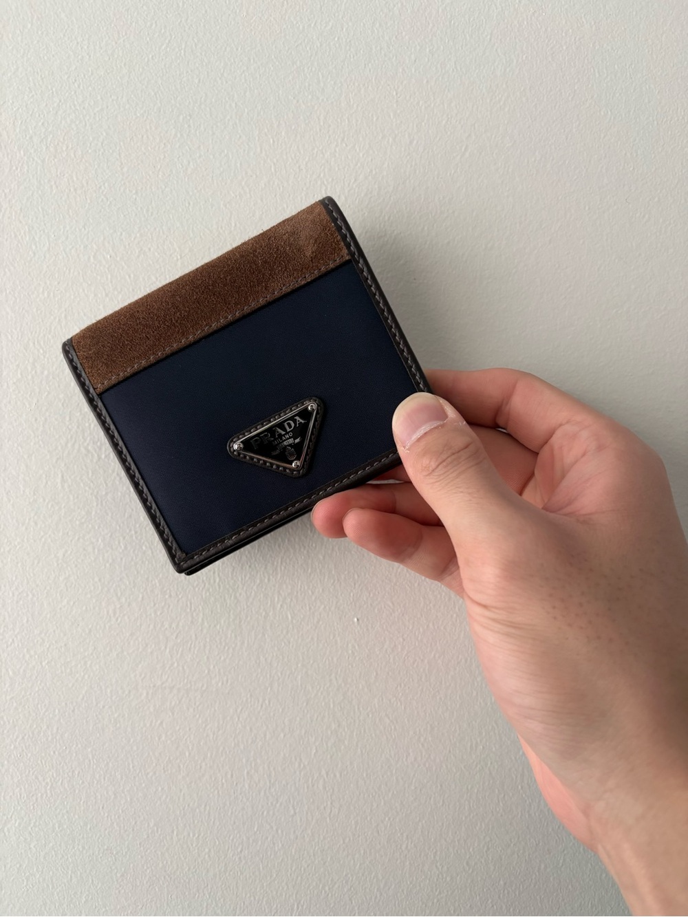 Prada Navy and Brown Suede Trim Bi-Fold Card Holder